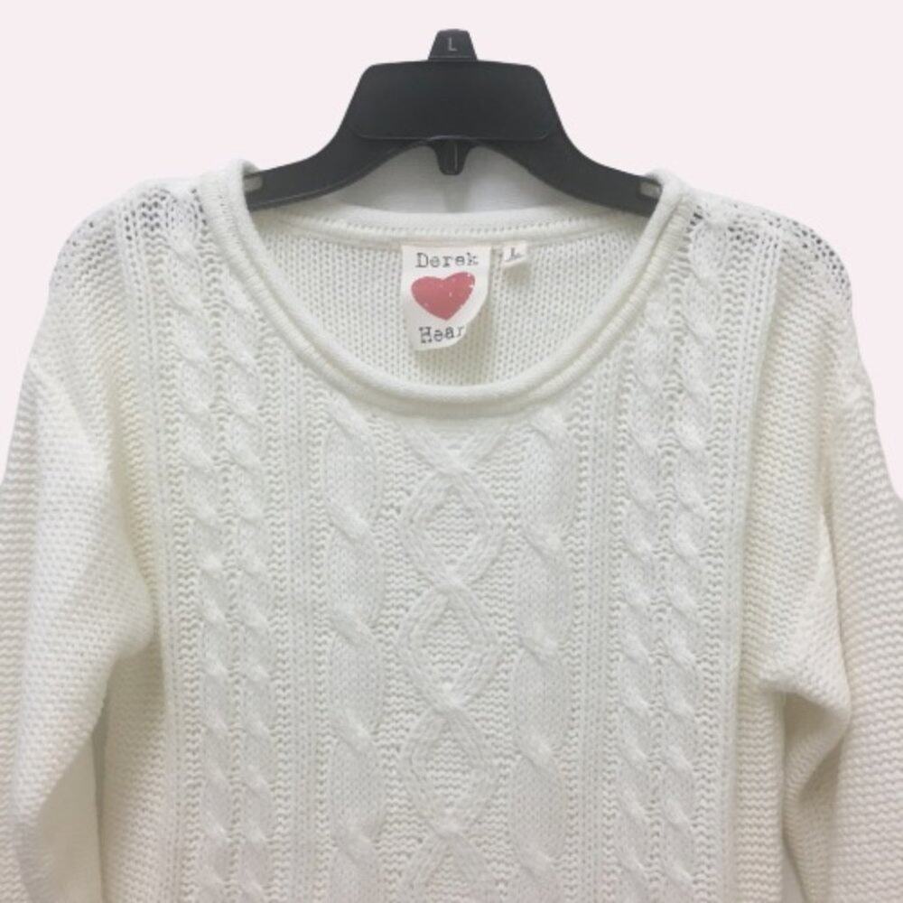 Derek Heart Off White Cable Knit Hi/Low Sweater, L - Picture 2 of 4